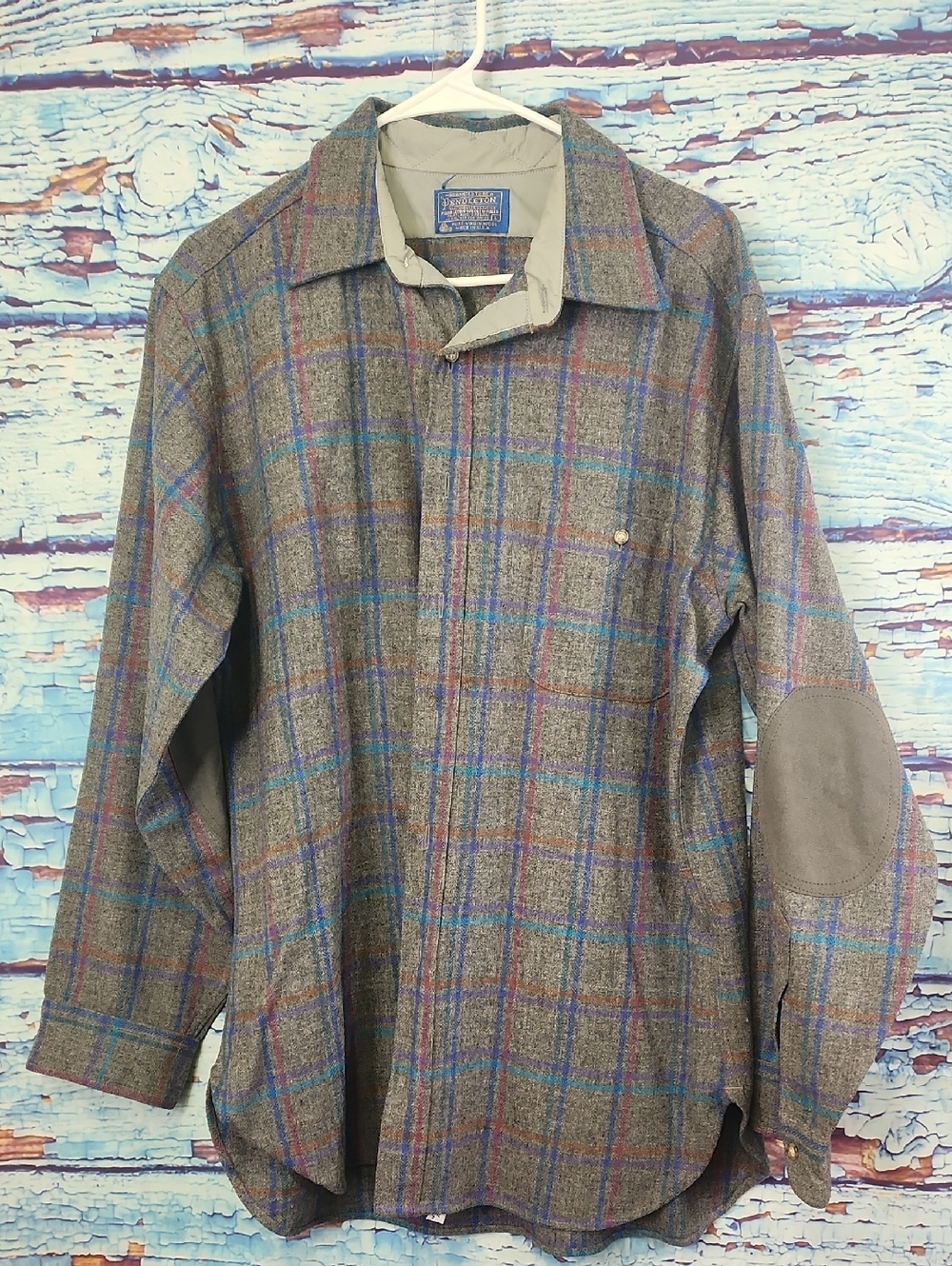 Pendleton Gray Plaid Wool Shirt Jacket with Blue & Rust Windowpane